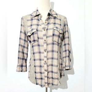 BKE Women Plaid Button Front Shirt Size Medium Lace Back Panels Western Boho Y2K